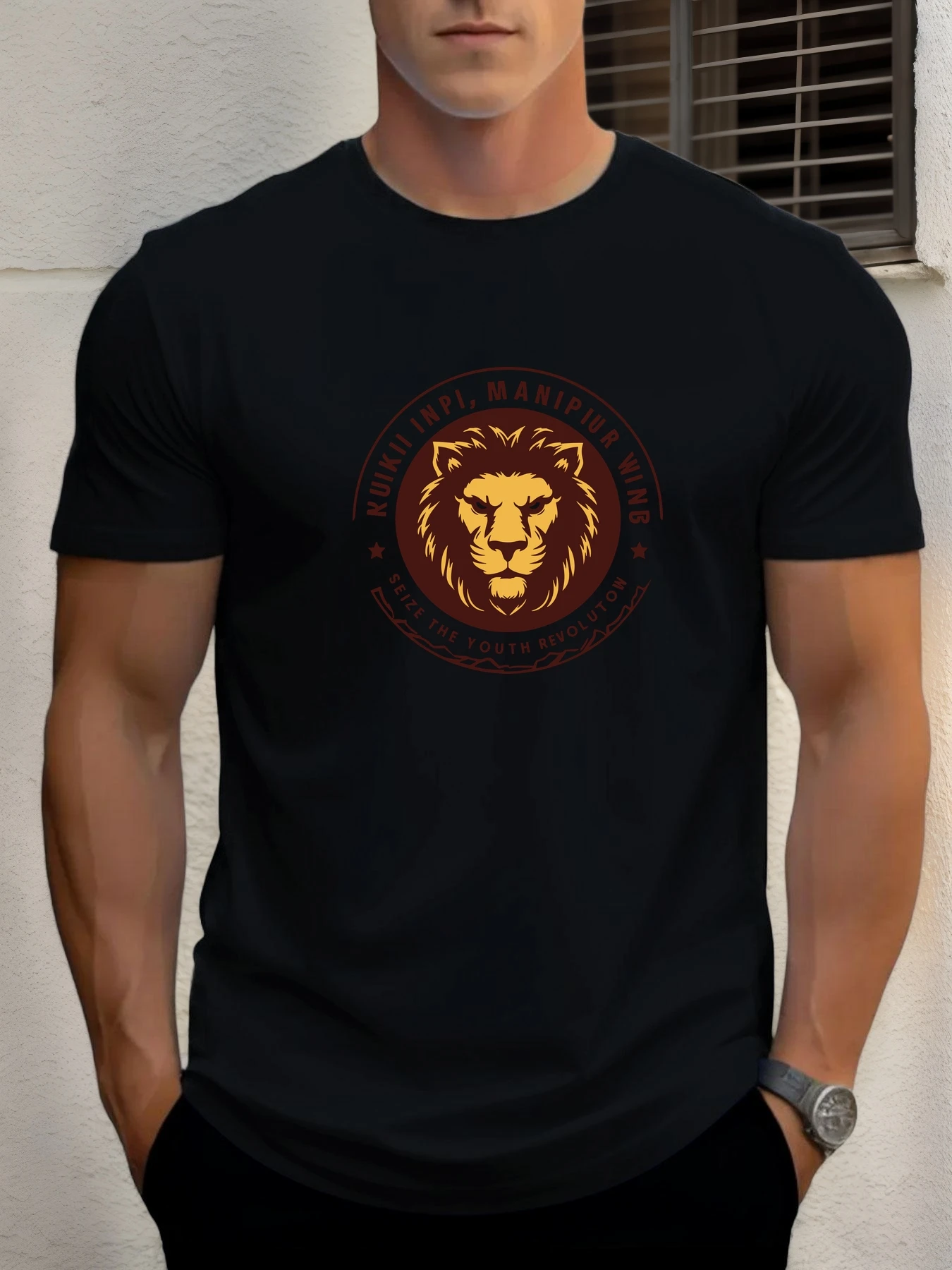 

Men's cotton T-shirt, summer round neck short sleeves, lion pattern, KUIKII INPI slogan summer casual round neck short T-shirt