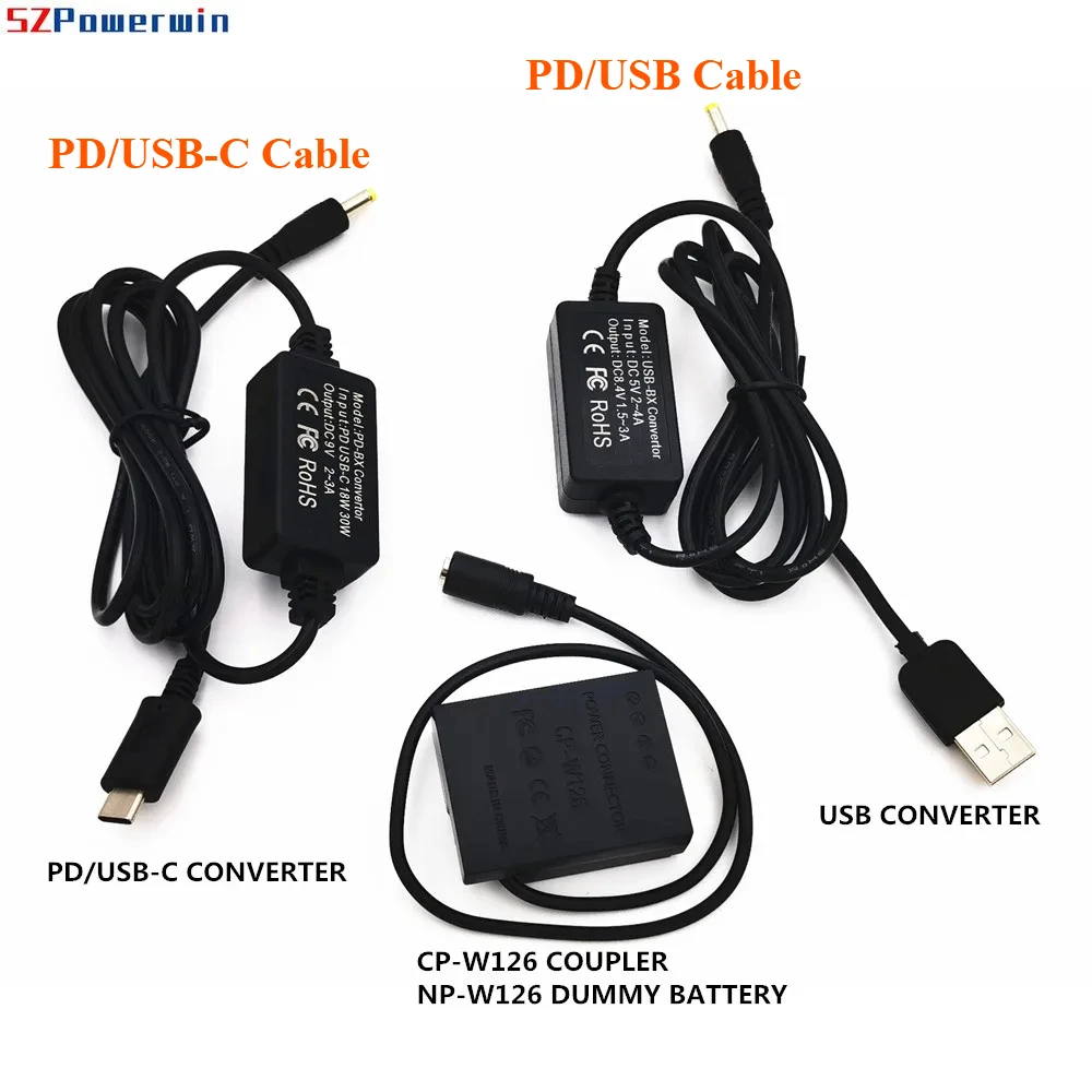 USB Cable+USB-C PD Converter+ CP W126 DC Coupler NP-W126 Dummy Battery for Fujifilm XT3 XT30 XT2 XT1 X-T200 X-Pro2 X-Pro3 X-S10