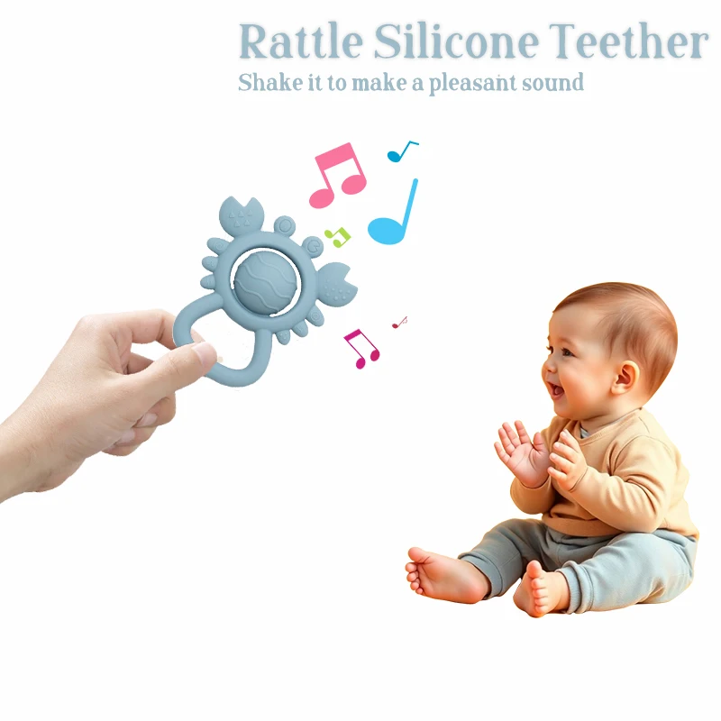 Baby-Krabben-Rassel-Spielzeug, Silikon-Beißringe, BPA-frei, 2-in-1-Rassel und Beißring, Spielzeug für Babys, Neugeborene, Geschenke, Säuglingsrasseln mit weichem Griff