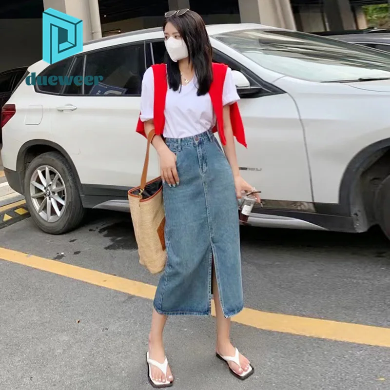 

DUEWEER 2022 Summer Womens A Line Long Slit Skirt Retro Harajuku Fashion Denim Wrap Midi Skirt for Women Jean Skirts Streetwear