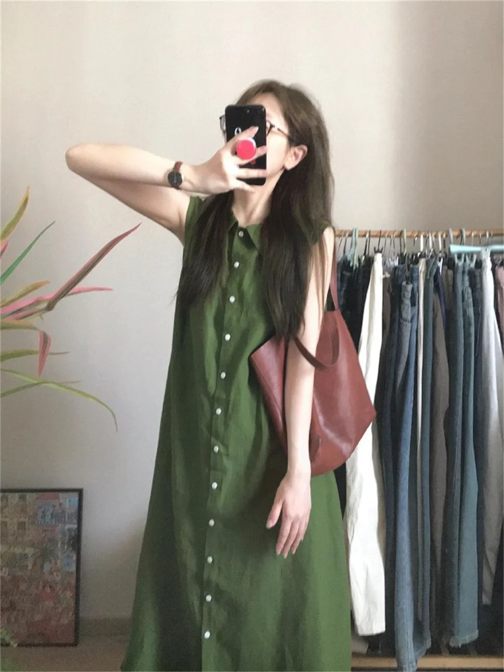 Green sleeveless dress Women Summer 2024 French retro niche design feel waist slimming temperament long skirt