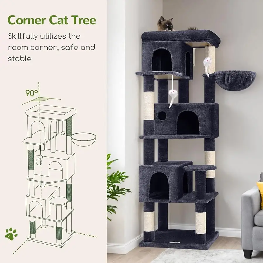 Globlazer Corner Cat Tree 66 بوصة برج تسلق متعدد المستويات كيتي كوندوس برج خدش للقطط للقطط الداخلية المتعددة مع Lar