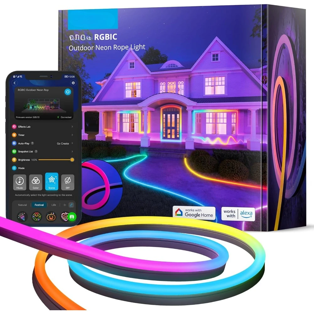 

Outdoor Neon Rope Lights, 32.8ft RGBIC IP67 Waterproof Halloween Decorations with 64 Scene Modes, Music Sync, Flexible LED