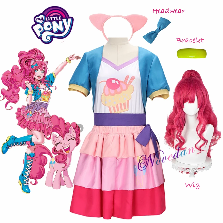 Anime Little Pony Pinkie Pie Cosplay Costume Lovely Princess Skirt Uniform Suit Outfit Halloween Birthday Party Fancy Dress Wig