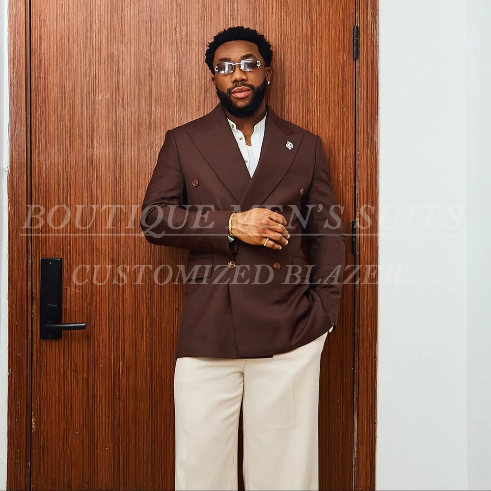 

High Quality Suits for Men Elegant Double Breasted Peak Lapel Skinny Male Clothing Formal Business Office 2 Piece Jacket Pants