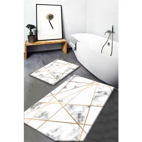 Else Carpet Else Yellow Gray Marble Pattern Washable Anti-Slip Soles 2li Bath Mat Doormat Toilet Seat Pad