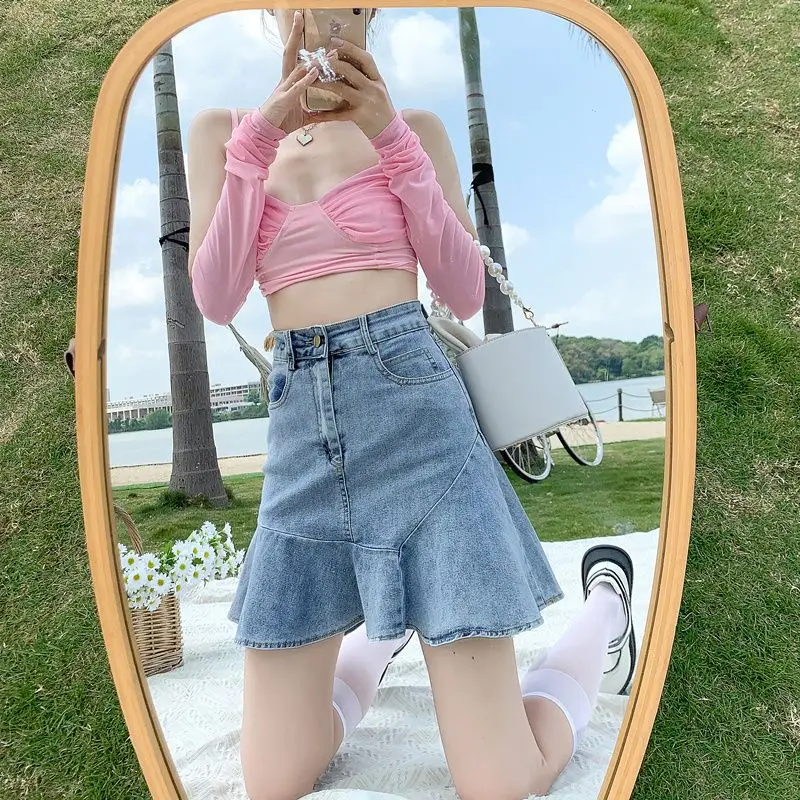 Lotus Leaf Edge Denim Skirt Women's 2026 Elastic Fishtail Hip Wrap Thin A Word Short Skirt Light Blue