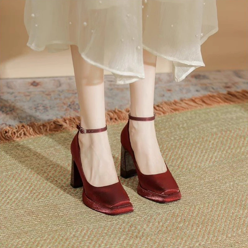 

Burgundy Waterproof Platform High Heels Mary Jane Square Toe Chunky Heel Bridal Wedding Shoes Fashion Footwear for Women