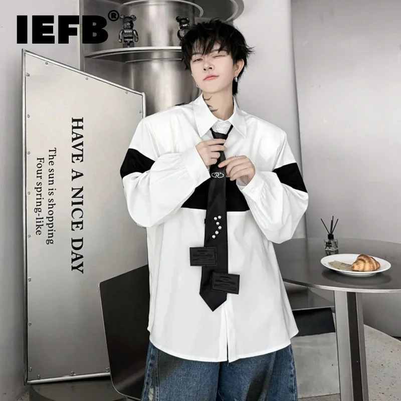 

IEFB Niche Design Men's Shirts Casual Patchwork Contrast Color Necktie Single Breasted Loose Male Tops New Autumn Stylish 9C7448