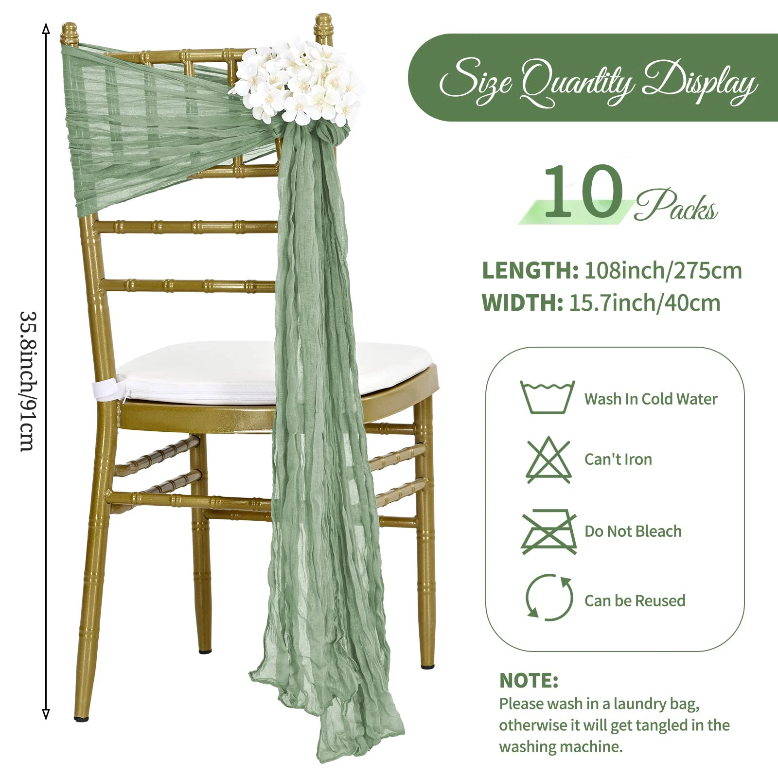 10Pcs Cheesecloth Chair Sashes, 15.7x108 Inch Bows Designed Chair Sashes,Chair Bows for Wedding Reception Party Hotel Decoration