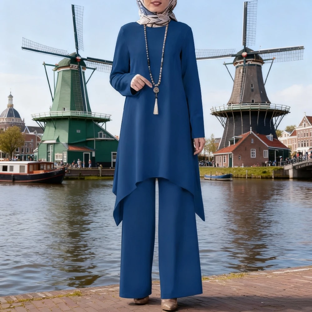 Women Two Piece Sets Shirt Pants Solid Suits Shirt Blouse Ramadan Muslim Musulman Ensembles Moroccan Kaftan Islamic Dress Sets