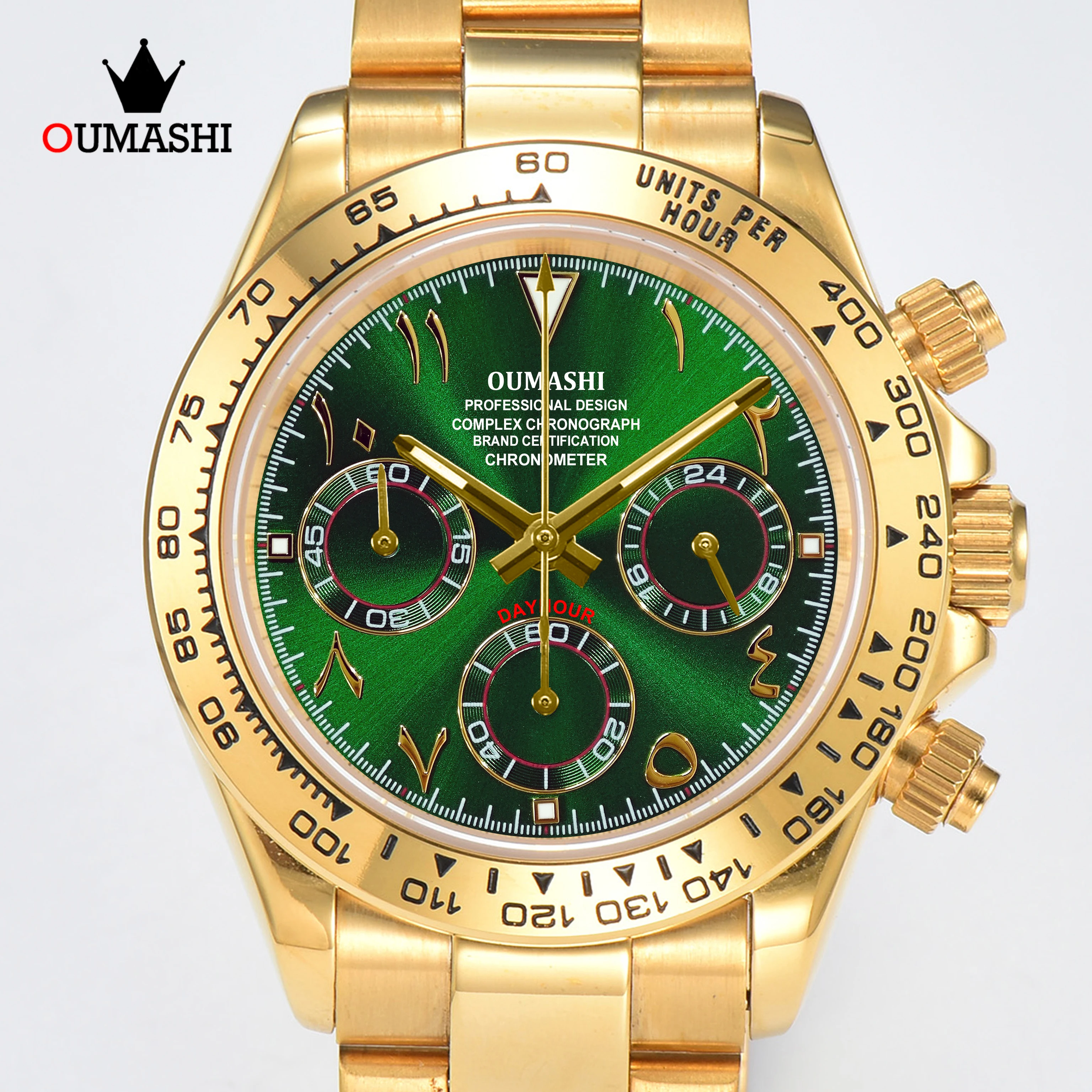 OUMASHI 42mm Gold Arabic Numerals Men’s Chronograph Watch VK63 Quartz Movement C3 Luminous Sapphire Glass Waterproof