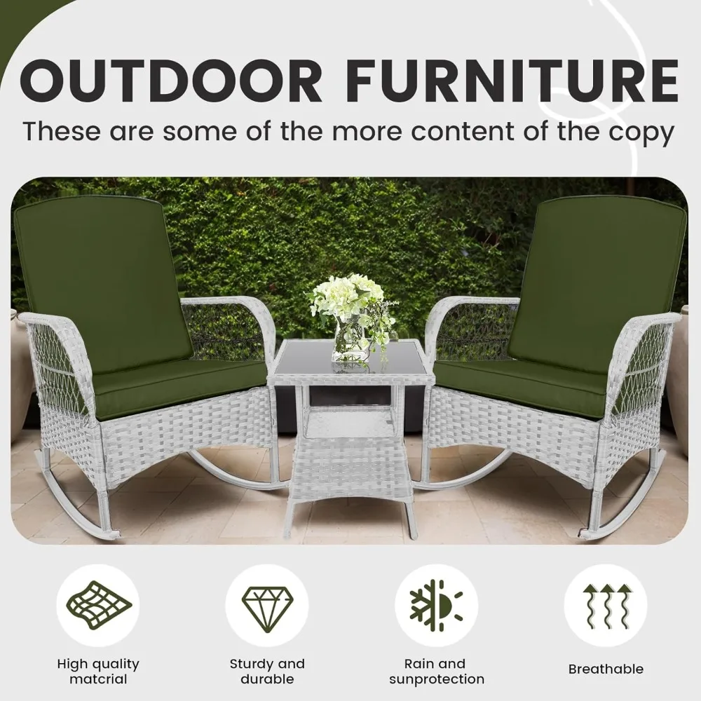 3 pcs Rocking Bistro Set Conversation Chairs PE Wicker Outdoor Rocking Chairs & Glass Table,for Porch Lawn Garden Backyard Deck