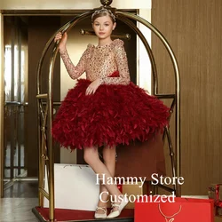 Gold Burgundy Flower Girl Dress Customized Round Neck Full Sleeves Sequin Feathers Christmas Party Gown for Birthday