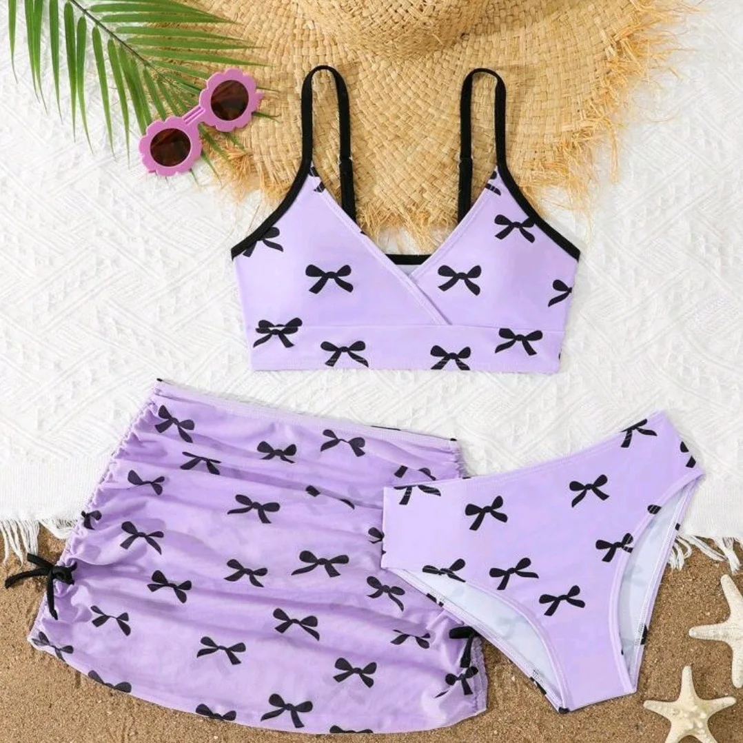 Girls 3pack Bowtie Bikini Sets Kids Swimsuit& Beach Skirts 8-12 Years Children's Swimwear 2026 Teens Child Girl Bathing Suit