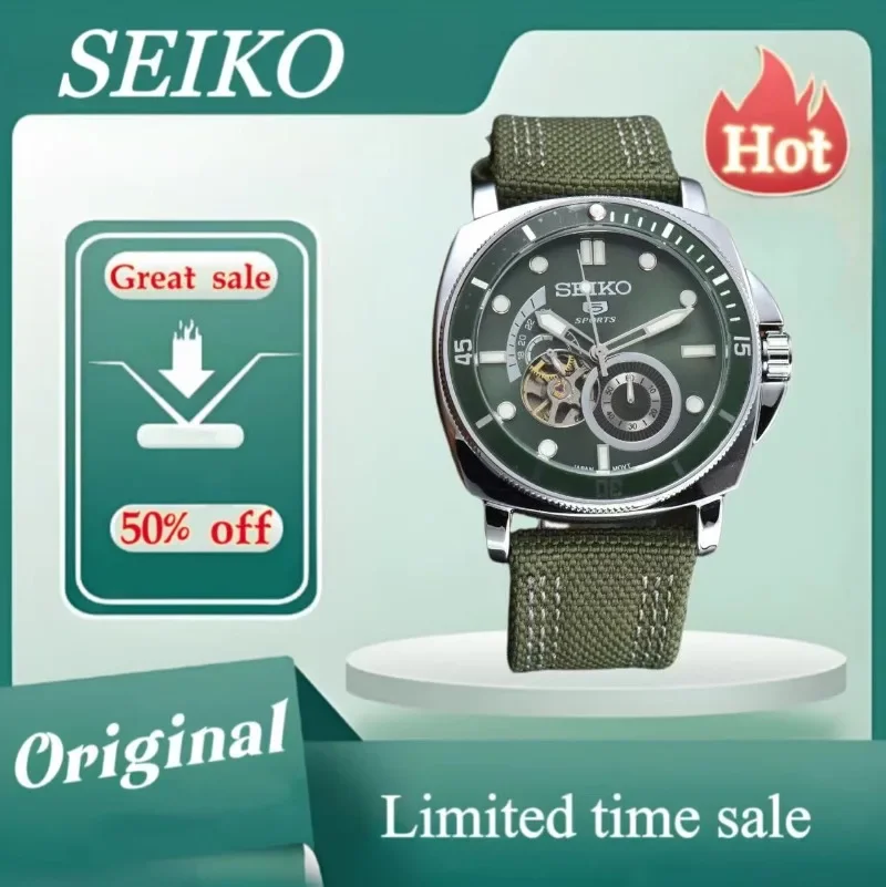 Original SEIKO 5 Mechanical Automatic Watch Men\'s Canvas Strap Large Diameter Disc Watches Fashion High End Sports Wristwatches