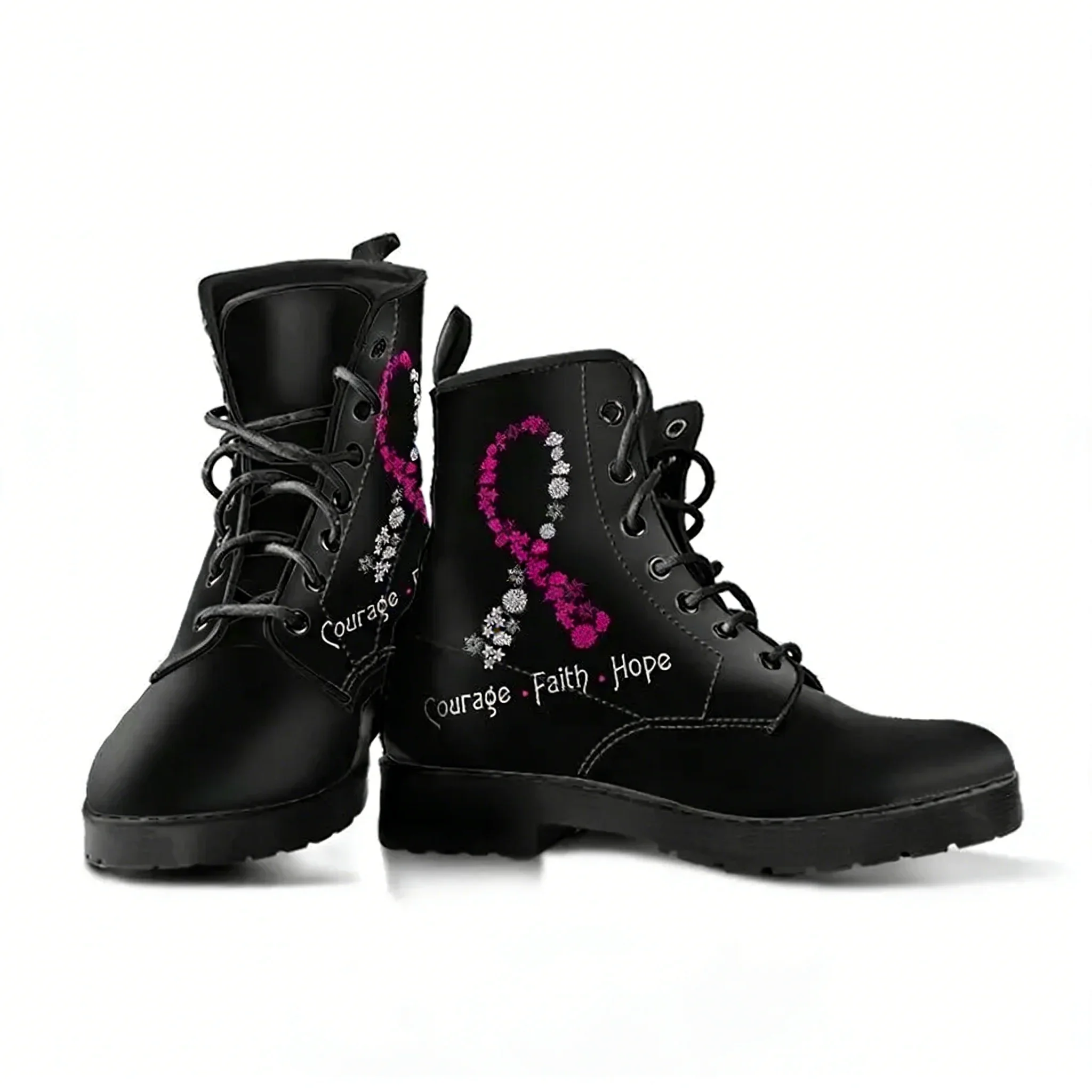 Botas de cuero para concienciación sobre el cáncer de mama / Botas artesanales con estampado personalizado para concienciación sobre el cáncer de mama / Botas de invierno para hombre y mujer