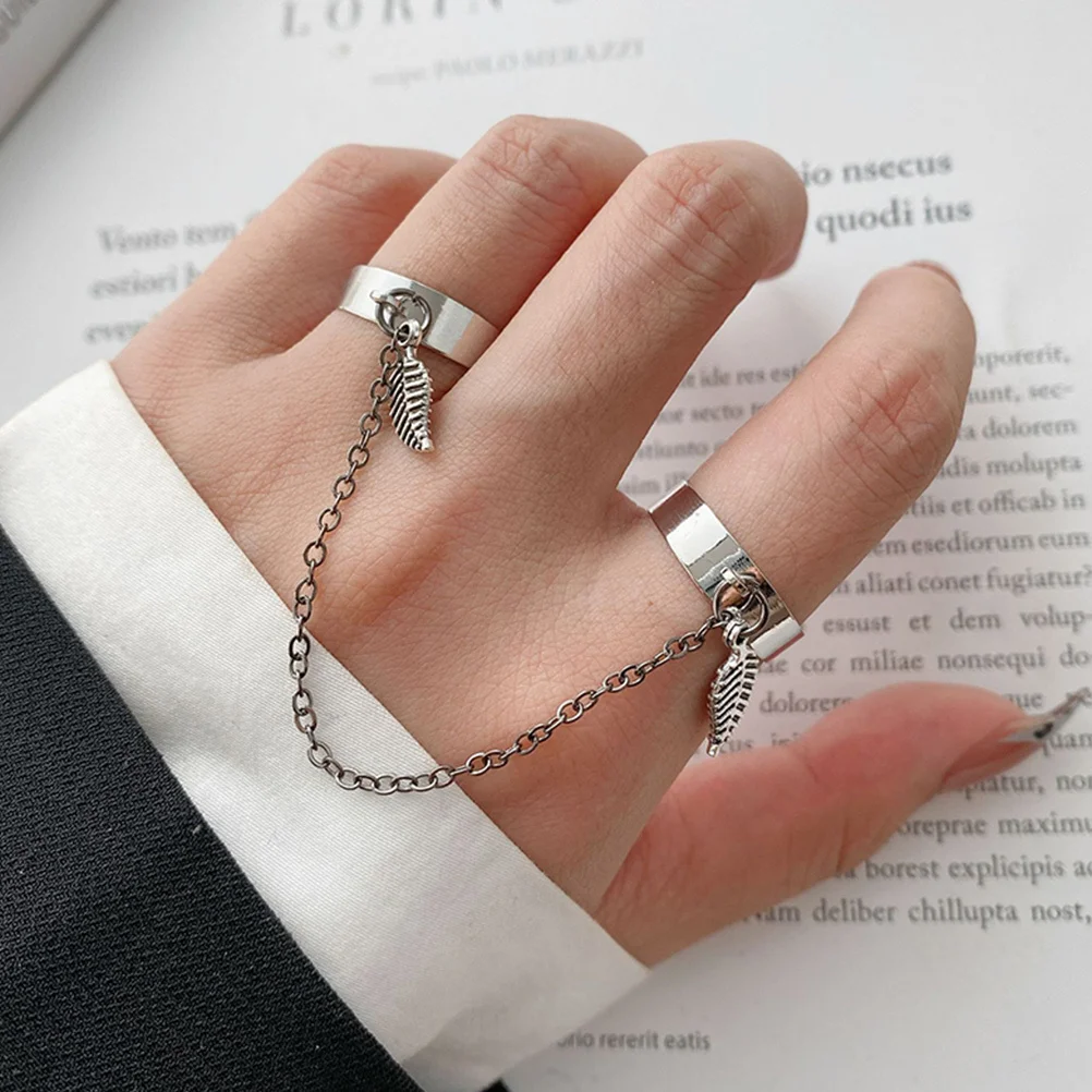 

2Pcs Gothic Punk Leaf Chain Rings Adjustable Open Rings for Women Aesthetic Jewelry Gift Goth Accessories Open Ring