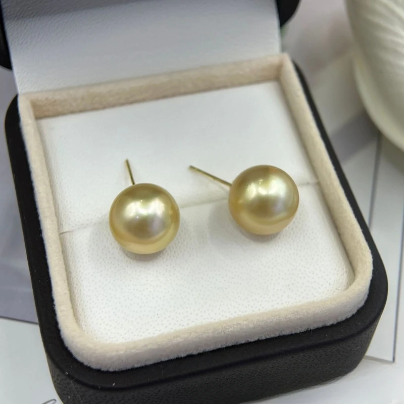 Fine Jewelry Genuine Gold Sea Pearl Stud Earring Natural Pearls Wedding Sterling Silver Mother Jewelry 925 Sterling Silver