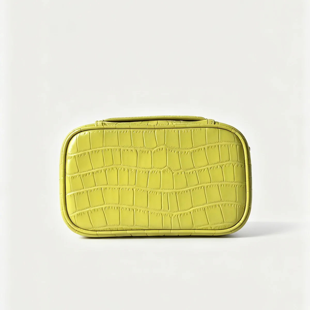 Authentisches Leder-Kosmetikset für Damen, Zitronengelbe Farbpalette, Beauty-Organizer, hochwertiges Rindsleder, Krokodilprägung, Reise-Waschtasche – Detail 19