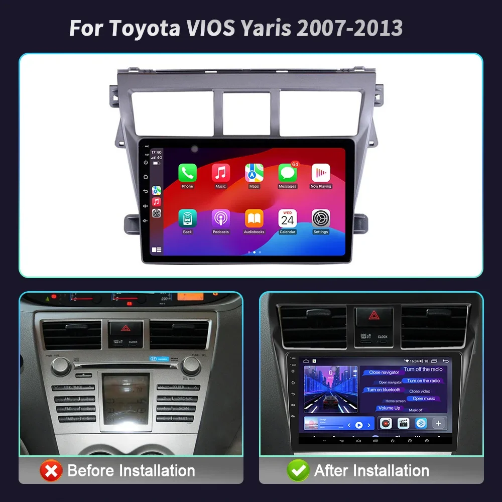 Car Radio Multimedia Player Navigation Wireless CarPlay Touch Screen Stereo Android Bluetooth For Toyota VIOS Yaris 2007-2013