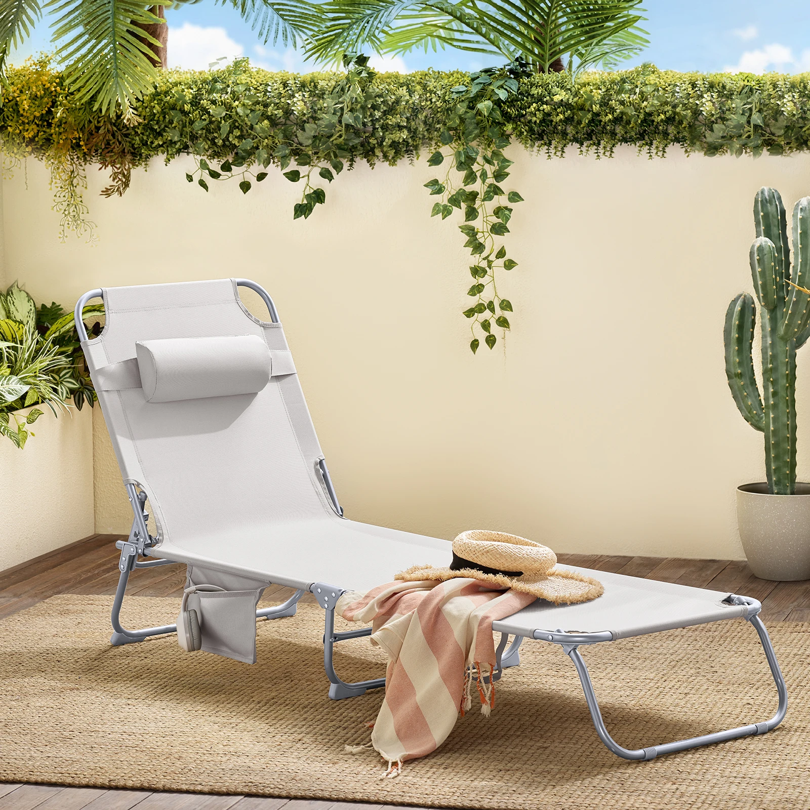 SoBuy OGS35 onnenliege klappbar Gartenliege Liegestuhl klappbar mit Kopfkissen & Seitentasche für Gartenmöbel 155x56x81cm – Detail 13