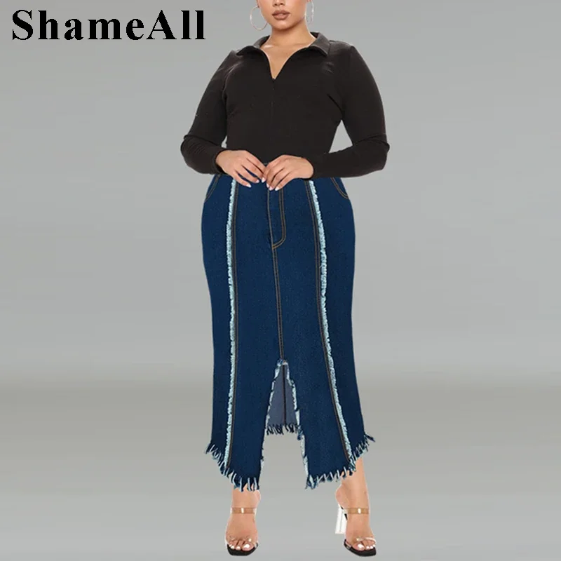 Plus Size Front Split Hem Tassel Patchworked Mid Denim Skirts 5XL Large Size Saia Midi Calf Length Bodycon Jeans Skirts Rock