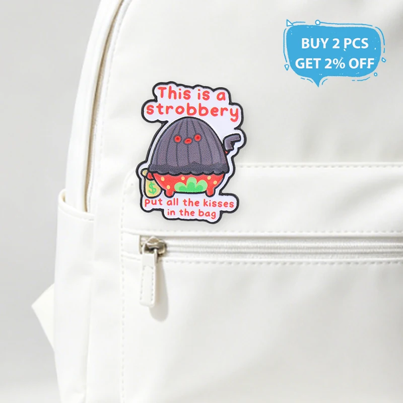 This Is A Strobbery Put All The Kisses In The Bag Enamel Pin Funny Cartoon Strawberry Bandit Pun Brooch Lapel Badge Jewelry Gift