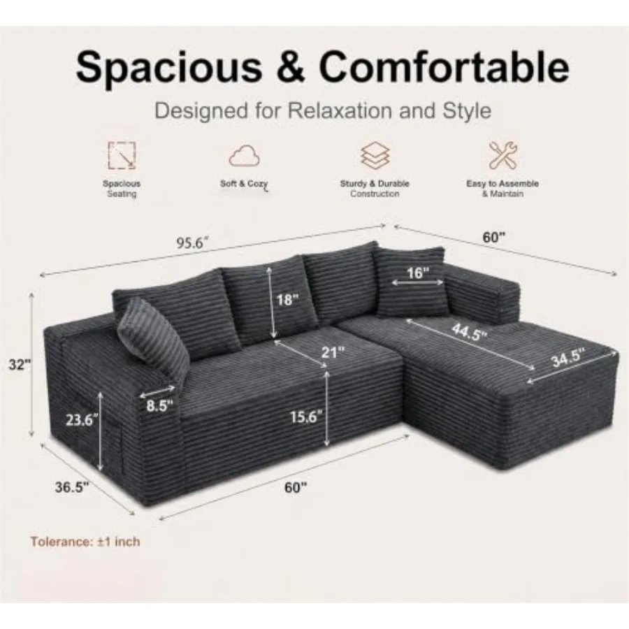 Living room modular L-shaped cloud sectional couch with oversized chaise, deep seat, memory foam compressed 3-seater sofa in gr
