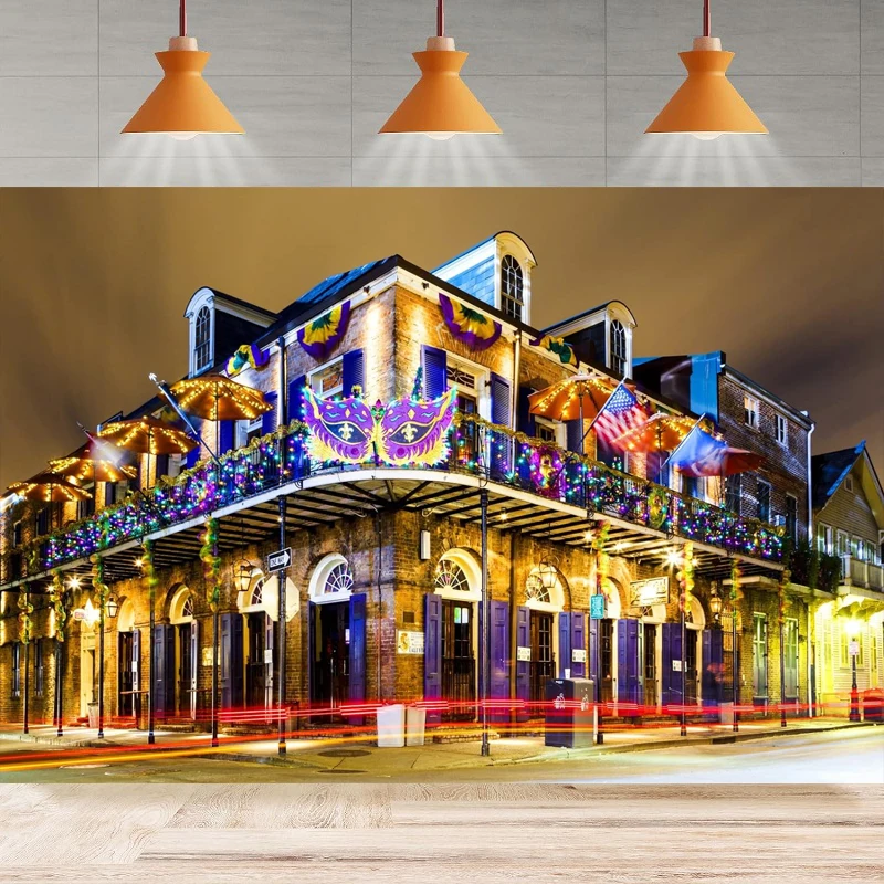 

New Orleans Photography Backdrop French Quarter Pubs Bars Colorful Lights Night View Background Party Backdrop Wall Banner Decor