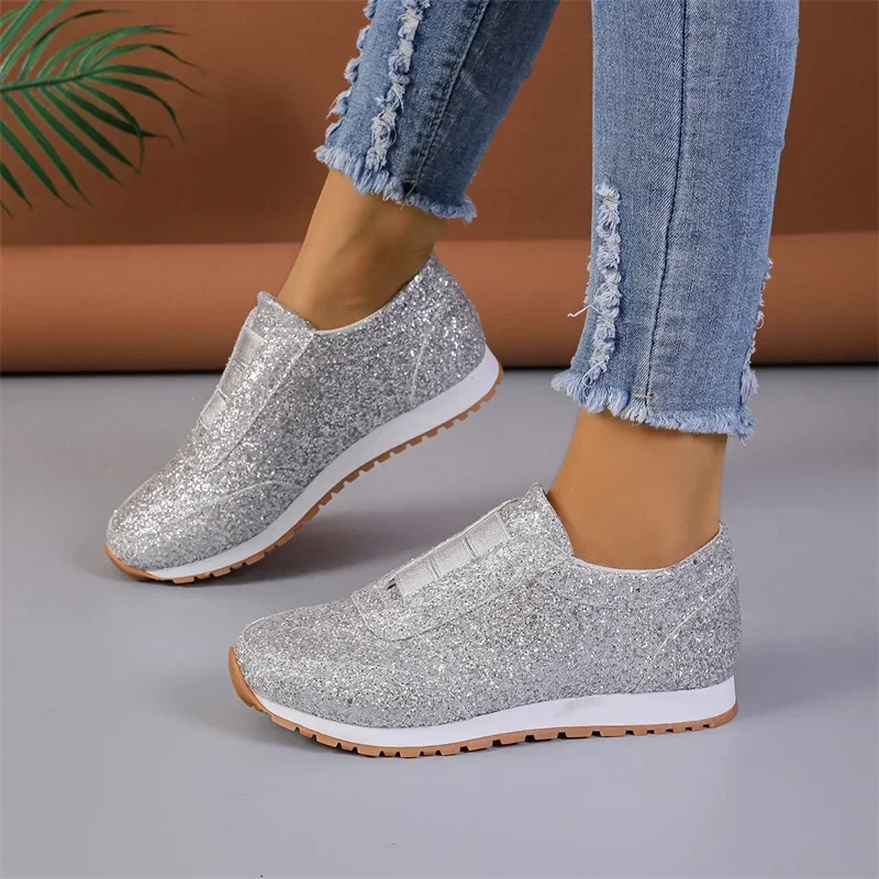 2024 Autumn New Fashion Slip-on Low-heeled Women\'s Sneakers Gold Silver Trend Sport Shoes Ladies Outdoor Casual Walking Shoes