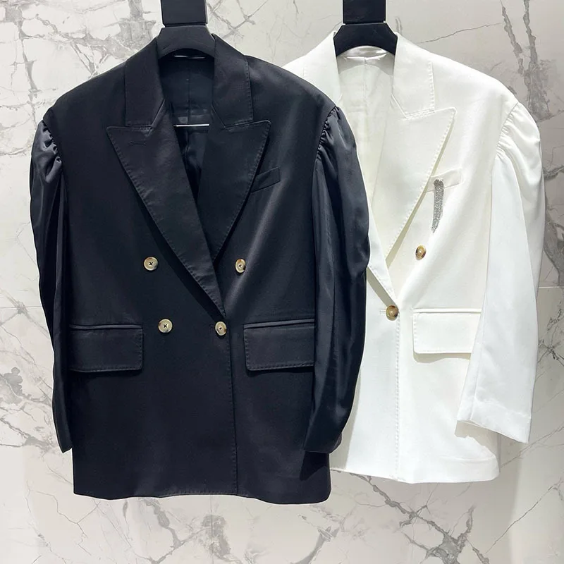 

Spring New Bubble Sleeve Suit Jacket Women's Fashion Office Double Breasted Lapel Loose Blazer Coat 2024 Wool Acetic Acid Tops