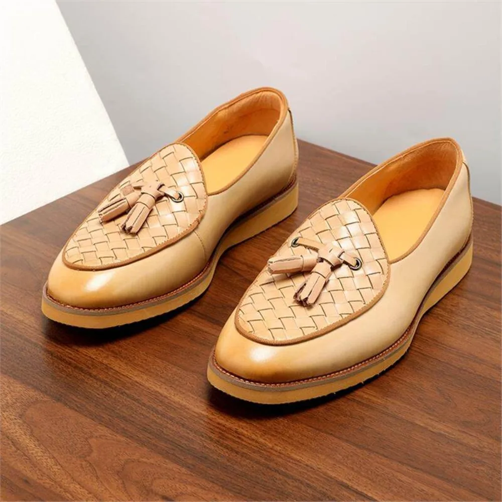 Genuine Leather Tassel Loafers for Men Hand Woven British Style Slip On Breathable Versatile Dress Shoes