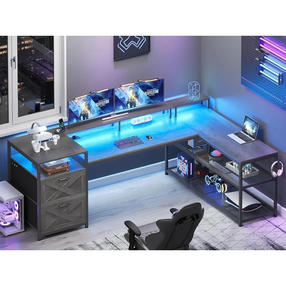 

67" L Shaped Desk with Drawers, Computer Office Desk with Storage Shelves & Power Outlet, Reversible Gaming Desks with LED Ligh