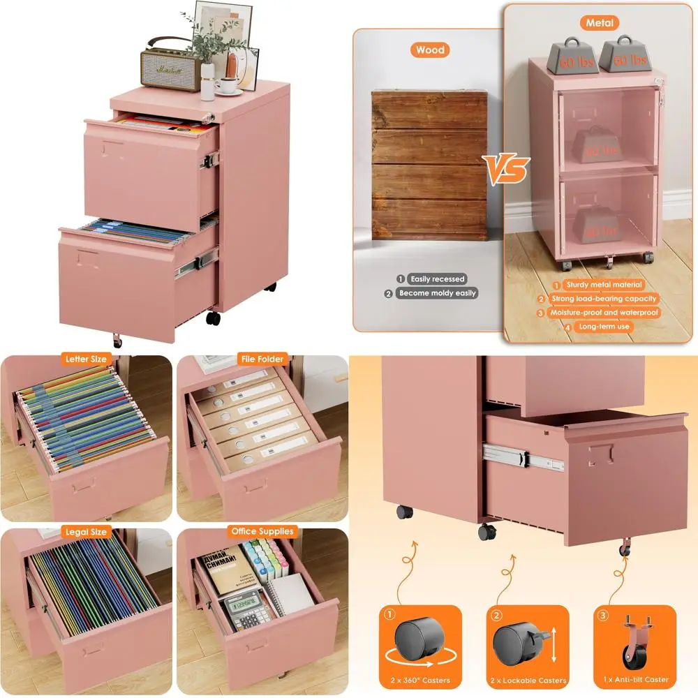 

Розовый мобильный шкаф для документов под стол с замком, 2 выдвижных ящика для файлов формата Letter/Legal/A4, держатель для визиток, в собранном виде, 14.57W x 17