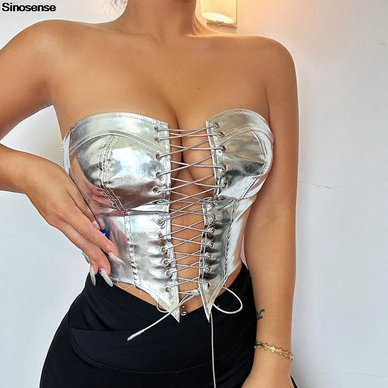 Kobiety PU Leather Bustier Crop Tube Top Metallic Asymmetrical Strapless Lace Up Bandeau Top Sexy Going Out Night Club Party Tops