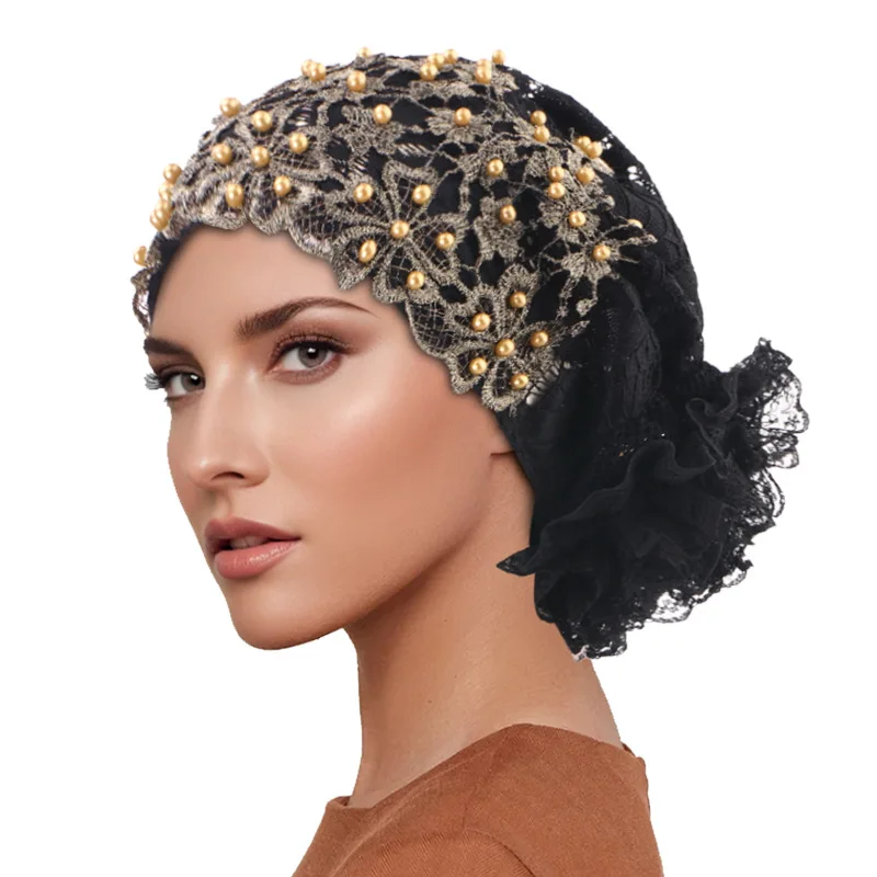 

Новые винтажные кружевные шапочки с вышивкой и бисером, классический тюрбан с золотым цветком, мусульманский платок, шляпа, химиотерапия, африканский головной убор, капот