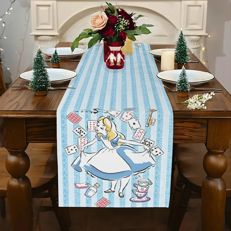 VIKAMA Camino de mesa de Alicia en el País de las Maravillas, camino de mesa con estampado de conejo mágico y póquer con rayas azules, para mesa de cocina, comedor, fiesta