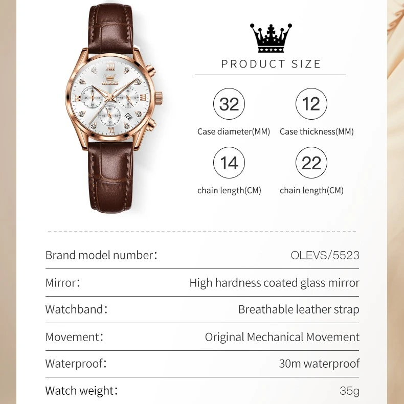 OLEVS 5523 Quartz Fashion Watch Gift Round-dial Leather Watchband Wristwatch Chronograph Calendar Luminous