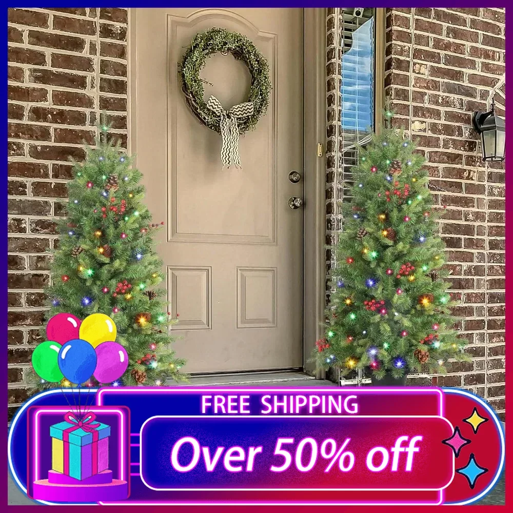 

Artificial Christmas Tree Set of 2 Mini Tree Pre-lit with Colored LED Lights and Timer by Remote Control for Front Door, Porch