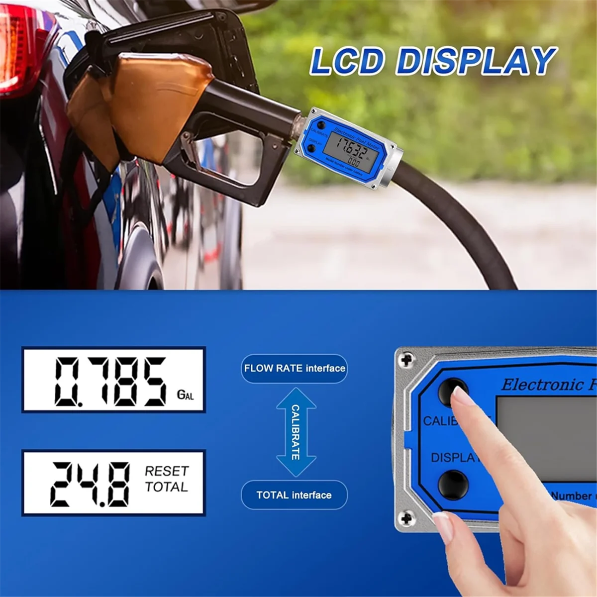 A93Z Flow Meter 3/4 Inch Digital LCD Display, NPT Counter Waterproof Oil Flow Meter, Between GAL , QTS, PTS, L and M³ Units