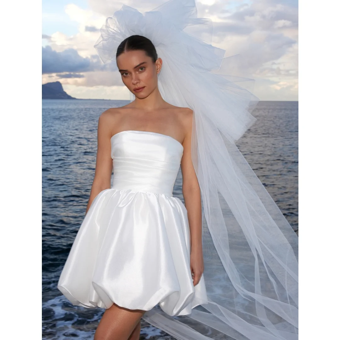 Tokyo Strapless Sleeveless Wedding Dress Puffy Bubble Hem Plain Satin vestidos de noche Mini Prom Dress Evening Dresses 2026
