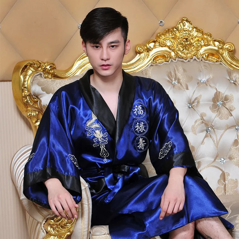 Robe Men Chinese Style Embroidered Dragon Kimono Night Dress Long Sleepdress Night Gown Cardigan Robe Bath V Neck Homewear