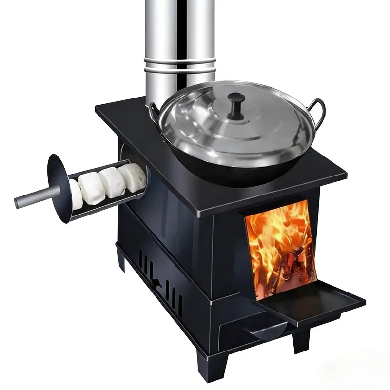 Steel Wood-Burning Stove with Oven  Includes Wok - Heater Suitable for Outdoor Camping  Farmyard and Homestead Cooking