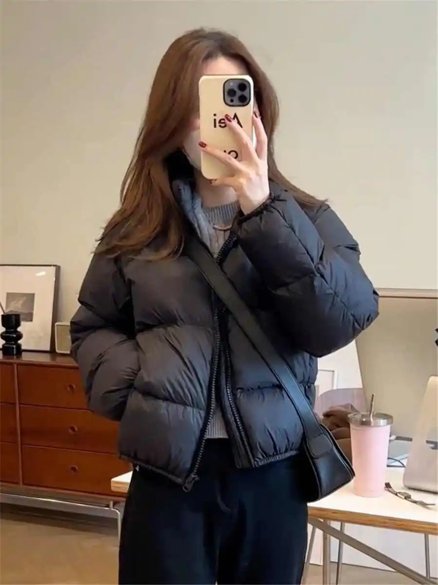 

Women's Black Short Style Jacket Autumn Winter Solid Color Warm Top Version Female Zipper Long Sleeves Loose Bread Coat