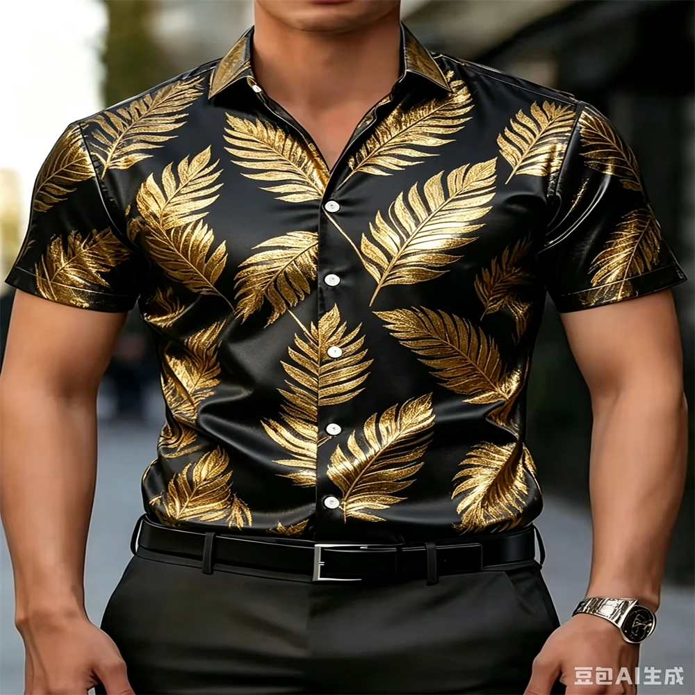 2026 Men's Shiny  Palm Leaf Print Short Sleeve Shirt Slim Fit Lapel Button Down Tops Night Party  Stage  Men Clothing