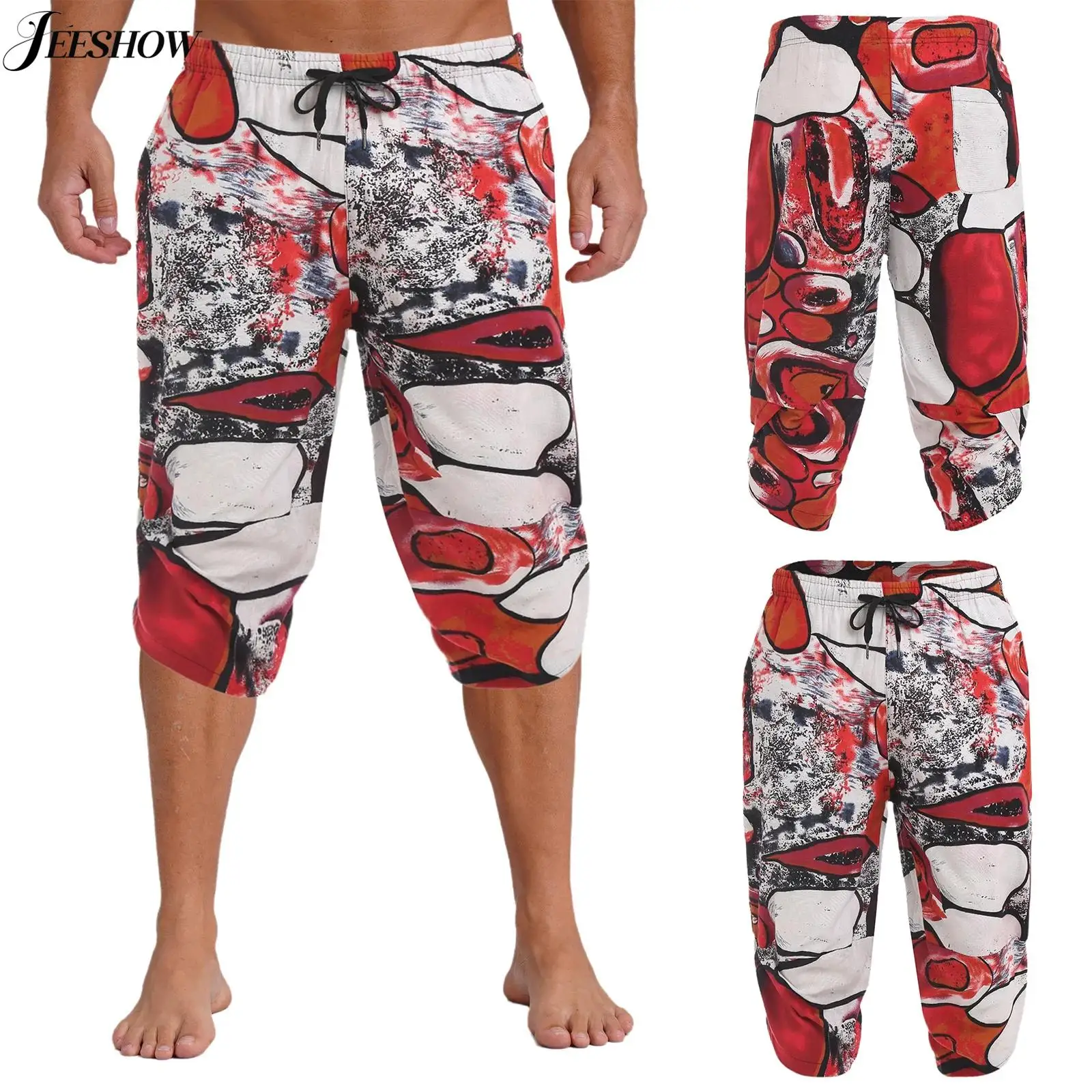 

Mens Stylish Printed Calf Length Capri Pants Drawstring Elastic Waistband Side Pockets Harem Pants Daily Boho Style Trousers