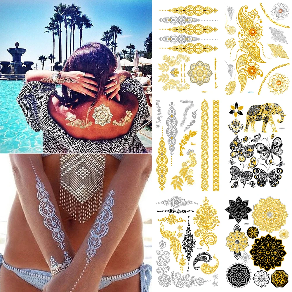 

6 Sheets Temporary Metal Tattoo Stickers Henna Flower Butterfly Feathers Mandala Flowers Boho Designs Glitter Tattoo Sticke