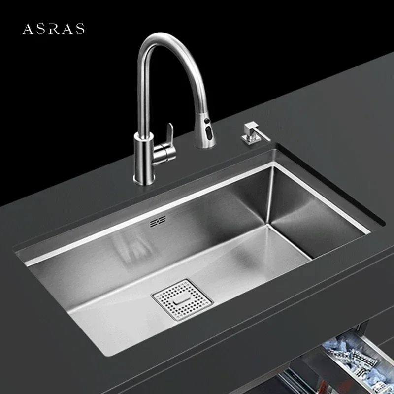 ASRAS Handmade Brushed SUS 304 Stainless Steel Kitchen Sink 4mm Thickness Undermount Installation Single Large Size Kitchen Sink