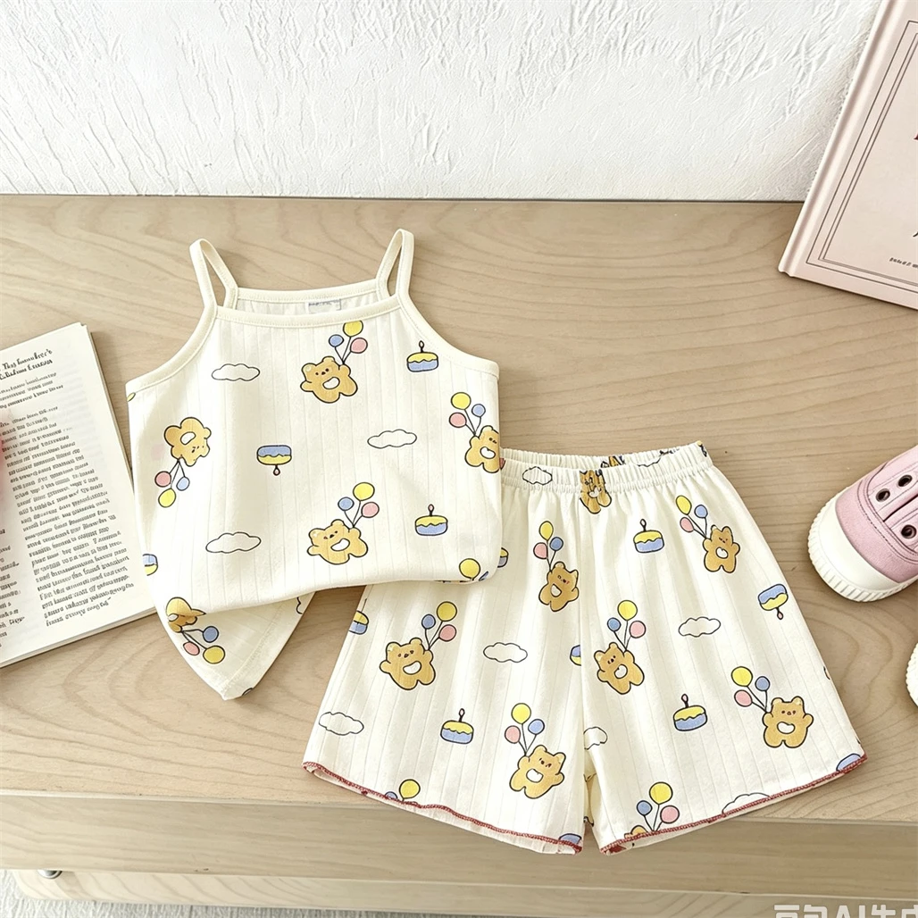 Summer Girls Sling Outfits Full Print Vest +Shorts Two Piece Set Infant Thin Casual Loose Home Clothing Baby Lovely Outfits